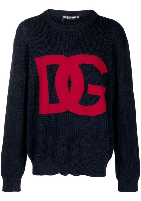 maglia nera in lana vergine a intarsio con logo DG rosso DOLCE & GABBANA | GXM96T-JCVA5S9000